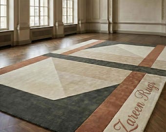 Handmade Wool Area Rug, Modern Geometric Beige Brown Green Carpet