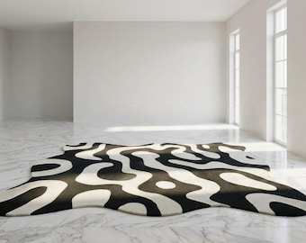 Alfombra abstracta negra y marfil / Alfombra orgánica hecha a mano