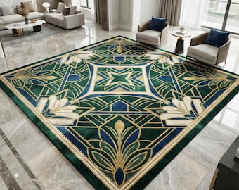 Art Deco Area Rug – Emerald, Navy & Gold Geometric Carpet