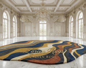 Modern Abstract Area Rug | Blue Gold Hand-Tufted Carpet