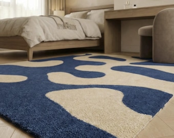Blue & Ivory Abstract Area Rug | Modern Bedroom Carpet