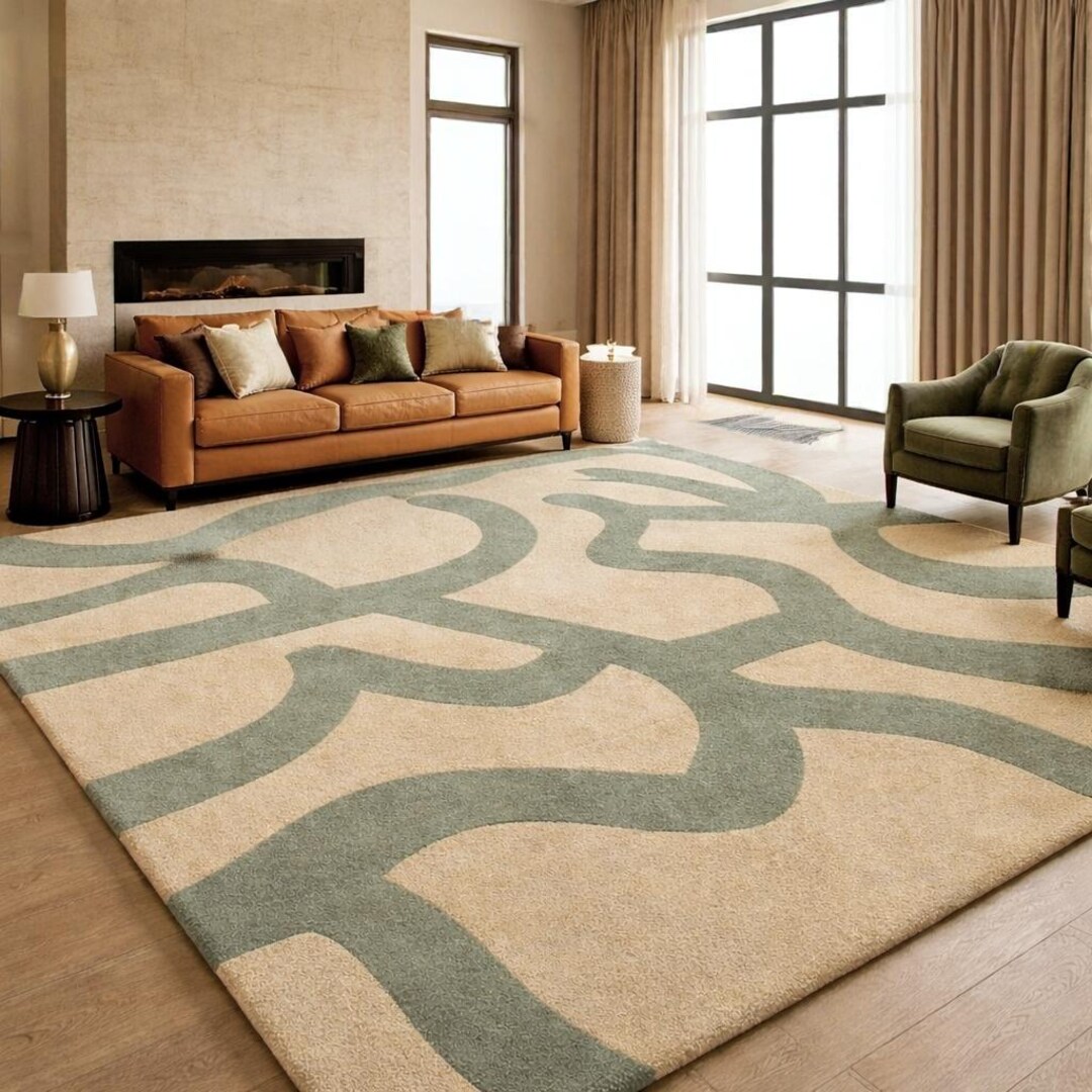 Modern Abstract Area Rug, Sage Green & Beige Carpet, Handmade Living ...
