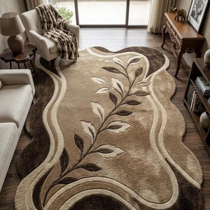 Organic Leaf Tufted Rug, Beige Brown Abstract Area Rug, Handmade Wool Carpet, Custom Shape Living Room Rug, Modern Decor