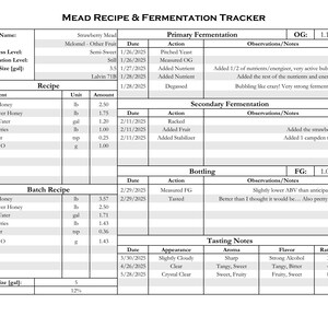 May include: A mead recipe and fermentation tracker with sections for recipe details, primary and secondary fermentation, bottling, and tasting notes. The recipe includes ingredients like clover honey, strawberries, and energizer. The ABV is 12%.