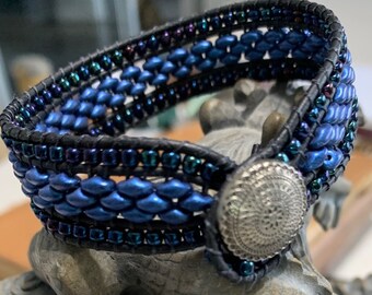 Blue Black Beaded Leather Cuff Wrap Bracelet