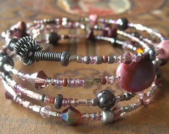 Beaded Memory Wire Hematite and Rose Lavender Plum Bracelet