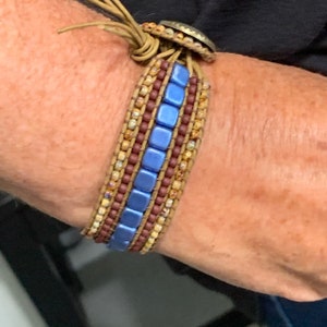 Blue Beaded Leather Cuff Wrap Bracelet or Shawl Cuff image 4