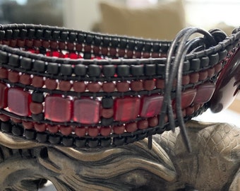 Burgundy and Black  Beaded Leather Cuff Wrap Bracelet