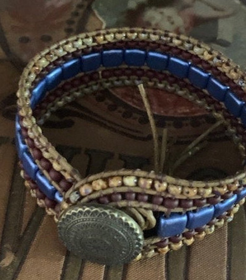 Blue Beaded Leather Cuff Wrap Bracelet or Shawl Cuff image 2