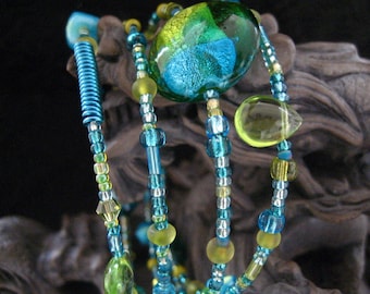 Beaded Memory Wire Bracelet Multi Strand Turquoise and Peridot  Wrapped Bracelet