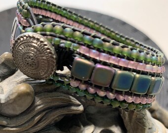 Blue Green Beaded Leather Cuff Wrap Bracelet