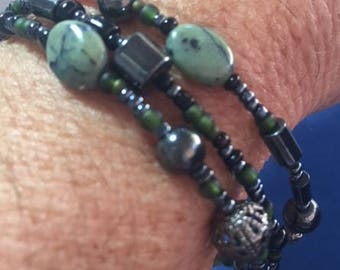 Beaded Memory Wire Bracelet Multi Strand Olive and Hematite Wrapped Bracelet