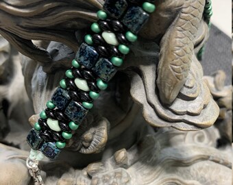 Black Green Beaded Tila Bracelet