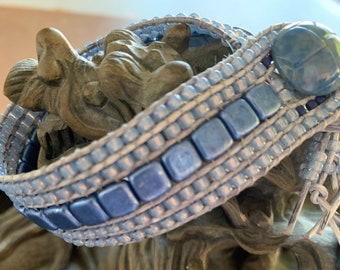 Blue Beaded Leather Cuff Wrap Bracelet