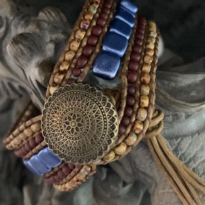 Blue Beaded Leather Cuff Wrap Bracelet or Shawl Cuff image 1