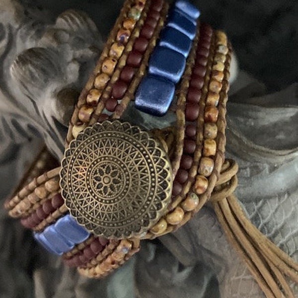 Blue Beaded Leather Cuff Wrap Bracelet or Shawl Cuff