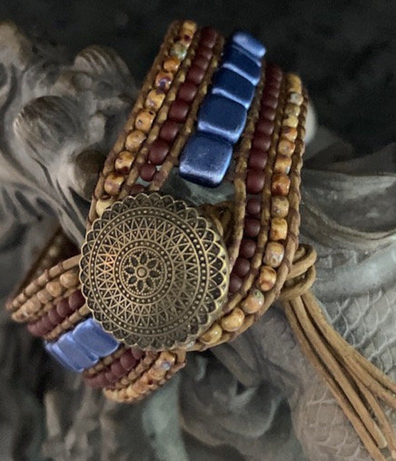 Blue Beaded Leather Cuff Wrap Bracelet or Shawl Cuff image 1