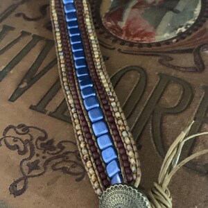 Blue Beaded Leather Cuff Wrap Bracelet or Shawl Cuff image 5