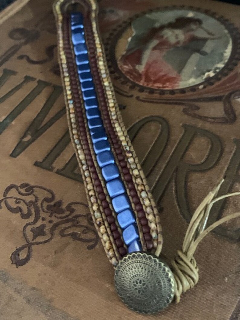 Blue Beaded Leather Cuff Wrap Bracelet or Shawl Cuff image 5