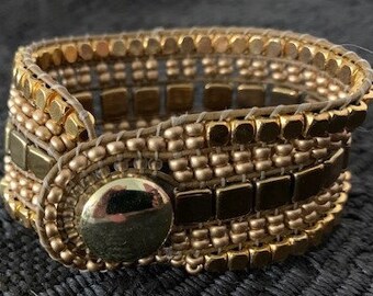 Gold Metal Beaded Leather Cuff Wrap Bracelet