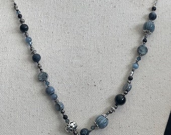 Smoky Blue Gray Ceramic Beaded Necklace