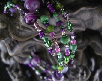 Beaded Memory Wire Bracelet Multi Strand Green and Purple Wrapped Bracelet