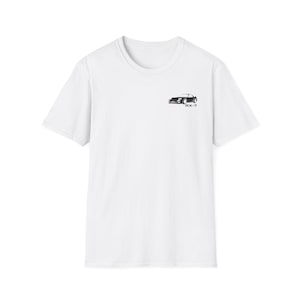 May include: White t-shirt featuring a small graphic of a black sports car with the text "RX-7" in black. The car graphic is on the upper left chest area of the shirt. The t-shirt has short sleeves and a crew neck.