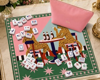 Luxury Cheetah Mahjong Mat, Pink Green Retro Game Table Cover, SHIP ROLLED