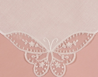 White Butterfly Corner Lace Handkerchief, 100% cotton, bridesmaid, wedding gift, monogram available