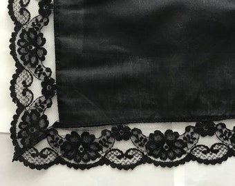 Black Cotton Handkerchief with Lace Trim, Monogram Option