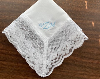 Extra Wide Lace hanky, Ladies 100% cotton, white hanky, bridesmaid, wedding gift,  monogram available