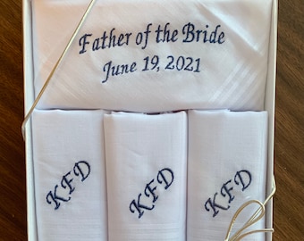 Monogrammed Father of the Bride Handkerchief Set, 100% Cotton, 4