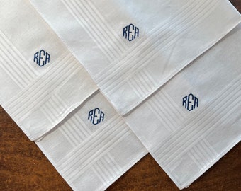 Set of 4 Monogrammed Cotton Handkerchiefs, Satin Stripe Detail