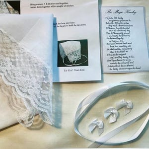 Bride’s Hanky, Hanky Bonnet kit with Bridal Lace hanky , Something New,  includes kit to make Hanky Bonnet for 1st born