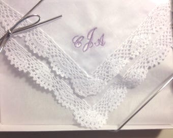 Crocheted Shell Lace Handkerchief: 100% Cotton Wedding Hanky, Monogram Option
