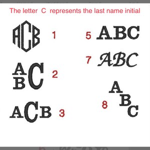 May include: A white background with eight different ways to monogram the letters ABC. The letter C represents the last name initial. The numbers 1 through 8 are next to each monogram style.