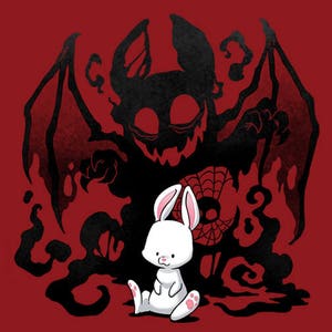 Peut inclure: Un lapin blanc aux oreilles roses avec une toile d'araignée rouge derrière lui. Le lapin est assis sur un fond rouge avec une ombre noire derrière lui.