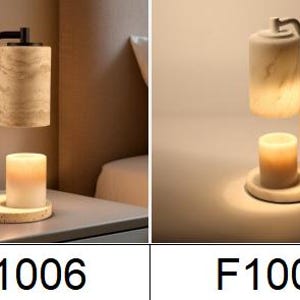 Op de afbeelding: Een collectie van vier kaarsverwarmerlampen met de labels F1008, F1006, F1007 en F1005. Elke lamp heeft een cilindrische kap met steentextuur die aan een metalen arm boven een ronde voet hangt, waarin een witte stompkaars staat te branden.