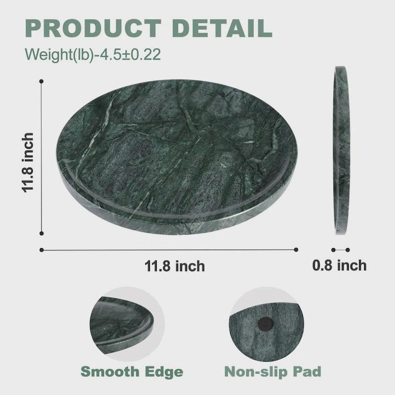 Puede incluir: Una tabla de servir de m&aacute;rmol verde con borde liso y almohadilla antideslizante. La tabla ovalada tiene 30 cm de di&aacute;metro y 2 cm de grosor. El texto de detalle del producto incluye un peso de 2,04 kg.