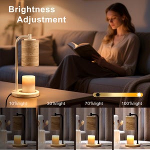 Op de afbeelding: Een kaarsverwarmerlamp met een getextureerde, steenachtige cilindrische kap en een ronde voet. De lamp heeft een instelbare helderheid, weergegeven met een schuifregelaar die 10%, 30%, 70% en 100% lichtintensiteit toont.