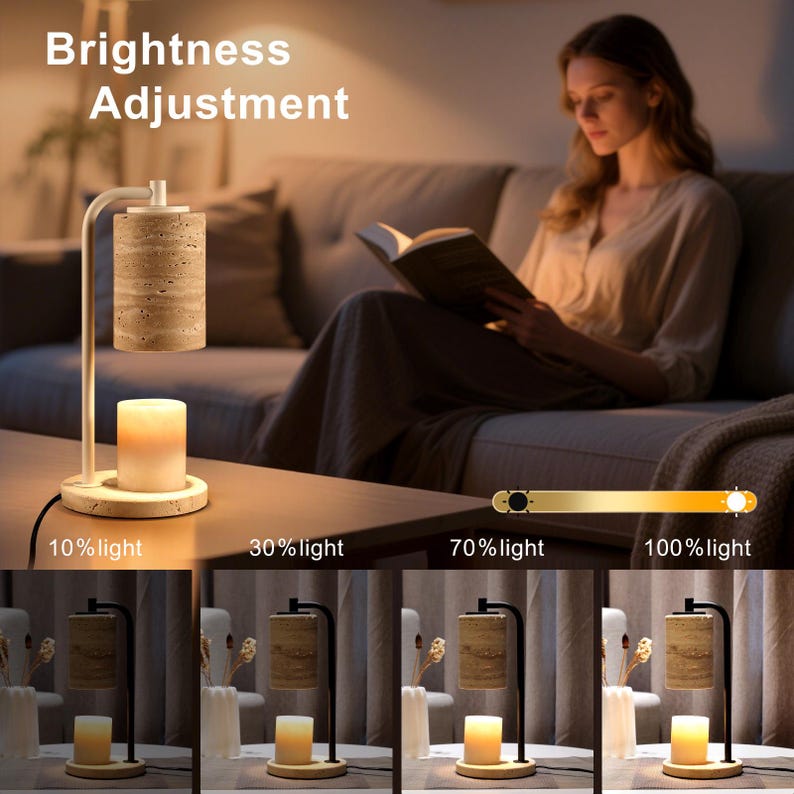 Op de afbeelding: Een kaarsverwarmerlamp met een getextureerde, steenachtige cilindrische kap en een ronde voet. De lamp heeft een instelbare helderheid, weergegeven met een schuifregelaar die 10%, 30%, 70% en 100% lichtintensiteit toont.