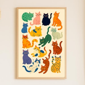 Cats Digital Art Print – 16x20&quot; Playful Cat Illustration Poster for Cat Lovers