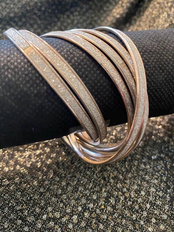 Silver Tone Intertwined Rhinestone Bangle Bracelet - image 1