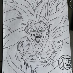 May include: A monochrome pencil sketch of a character with spiky hair and an open mouth. The character's eyes are green, and the drawing includes a circular emblem with Japanese characters.