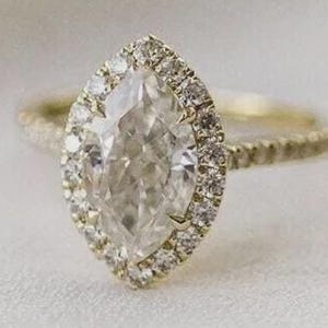 1.50CT Marquise Cut Colorless Moissanite Halo Engagement Ring, Marquise Cut Moissanite Halo Wedding Ring, 14K Solid Gold Bridal Ring for Her