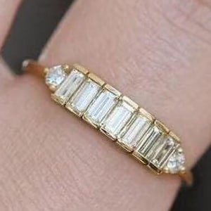 Baguette Diamond Moissanite Wedding Band, Baguette Round Engagement Ring, 14K Solid Gold Ring, Matching Band for Bridal Set Gift for Her