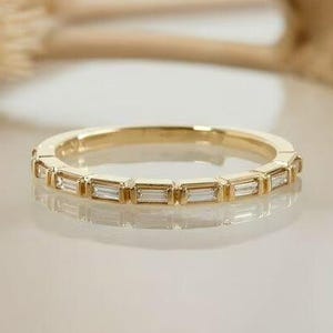 Baguette Cut Moissanite Diamond Wedding Band 14K Solid Gold Thin Wedding Band Minimalist Matching Ring Baguette Stacking Ring Half Eternity