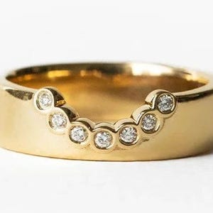 14k Solid Gold Moissanite Diamond Ring for Women Deep Curve, Thick Band Pave Stack, U-Shaped Nesting Chevron Ring Enhancer Ideal Bridal Ring