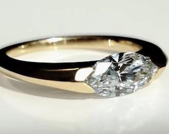0.5 To 2.0 CT Lab Created Diamond Engagement Ring, Marquise Cut East To West Set Lab Grown Diamond Solitaire Ring, Half Bezel Setting