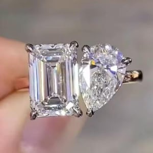 3 CT Toi et Moi Two Stone Engagement Ring, Emerald and Pear Ring, 14K Solid Gold Ring, Toi et Moi Promise Anniversary Gifts Rings for Women